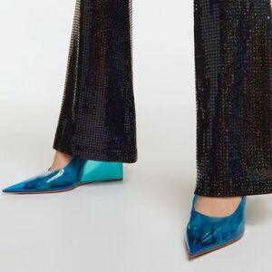 New Amina Muaddi Ane Glass Wedge Pumps Blue 95mm Size EU 38.5/ US 8.5